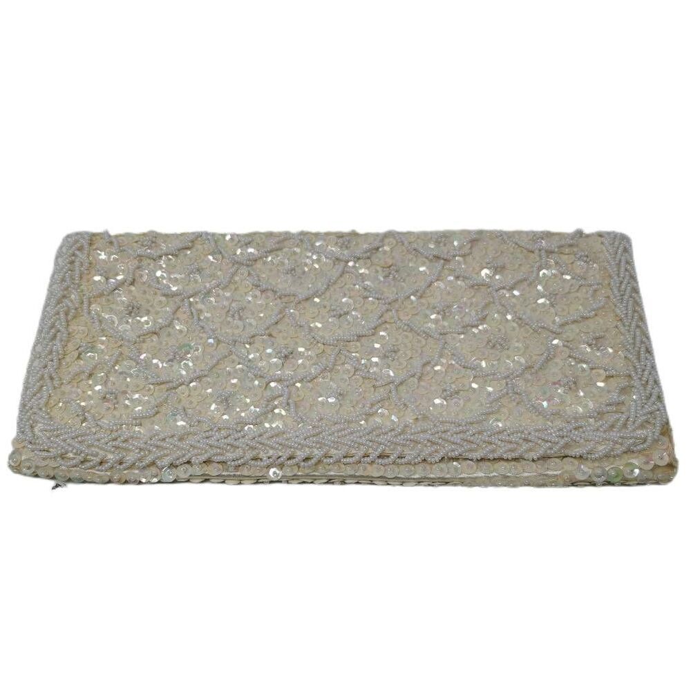 Vintage Cream Iridescent Hand Embellished Sequin Clutch | 1950s/1960s